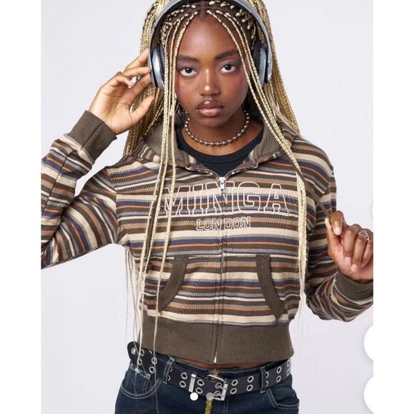 Minga London Large  Oversized Zip Up Hoodie Striped Browns NWTs Cropped M - Picture 1 of 7